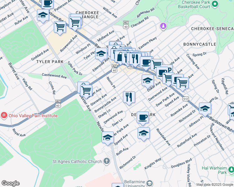 map of restaurants, bars, coffee shops, grocery stores, and more near 1800 Stevens Avenue in Louisville