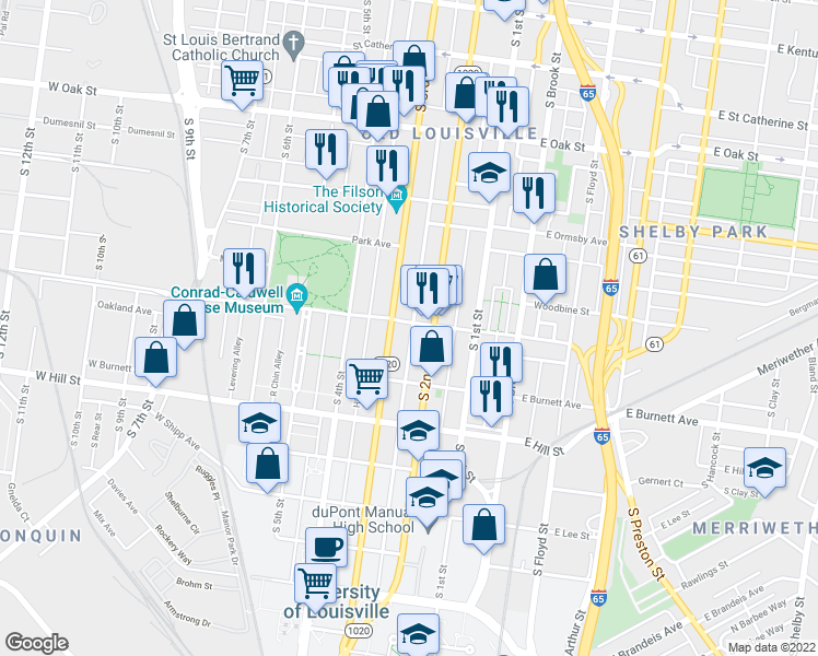 map of restaurants, bars, coffee shops, grocery stores, and more near 223 West Magnolia Avenue in Louisville
