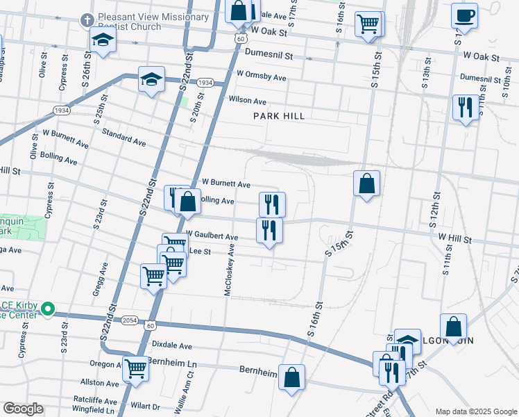 map of restaurants, bars, coffee shops, grocery stores, and more near 1739 Bolling Avenue in Louisville