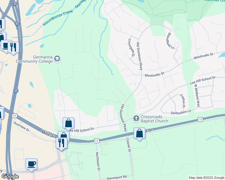 map of restaurants, bars, coffee shops, grocery stores, and more near 9708 Dominion Forest Circle in Fredericksburg
