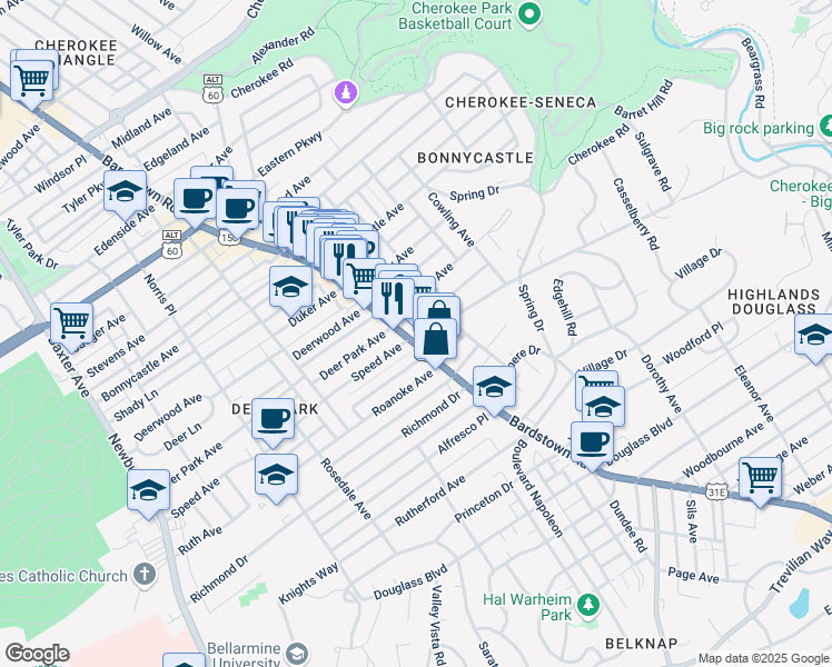 map of restaurants, bars, coffee shops, grocery stores, and more near 1779 Bardstown Road in Louisville