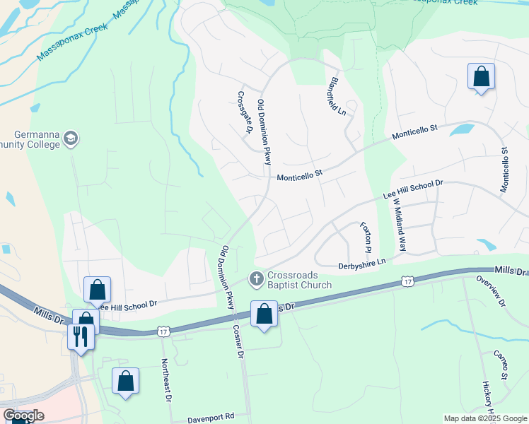 map of restaurants, bars, coffee shops, grocery stores, and more near 9414 Muirfield Court in Fredericksburg