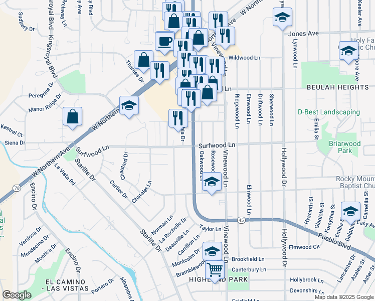 map of restaurants, bars, coffee shops, grocery stores, and more near 2111 South Pueblo Boulevard in Pueblo