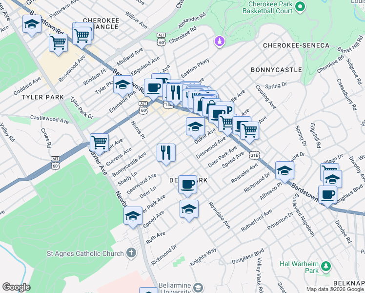 map of restaurants, bars, coffee shops, grocery stores, and more near 1622 Fernwood Avenue in Louisville
