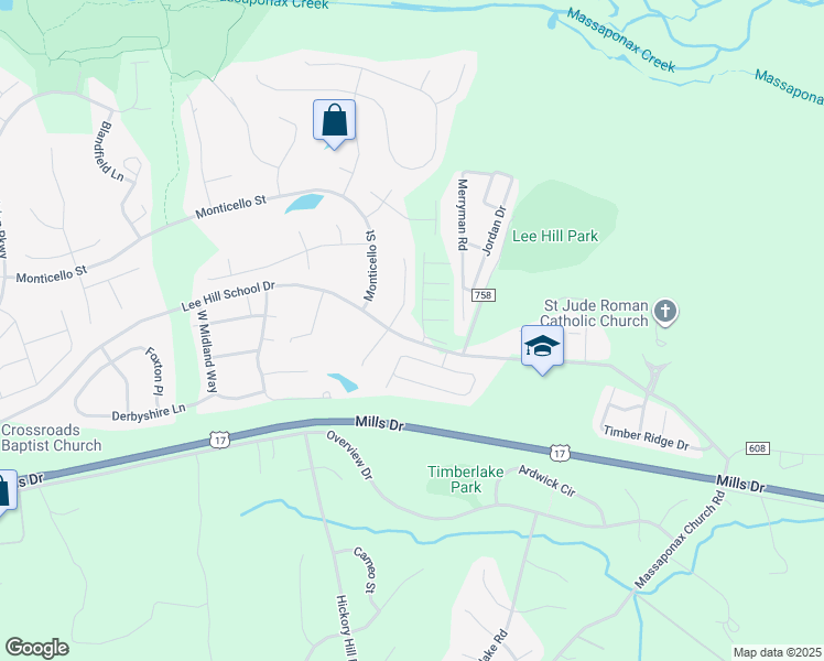 map of restaurants, bars, coffee shops, grocery stores, and more near 3749 Lee Hill School Drive in Fredericksburg