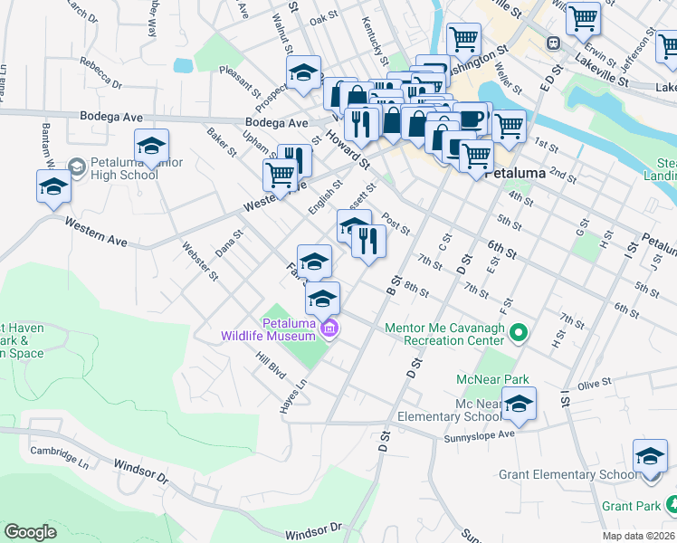 map of restaurants, bars, coffee shops, grocery stores, and more near 210 Douglas Street in Petaluma