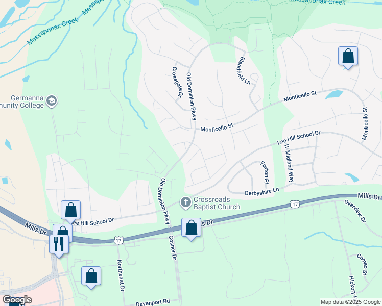 map of restaurants, bars, coffee shops, grocery stores, and more near 9414 Muirfield Court in Fredericksburg