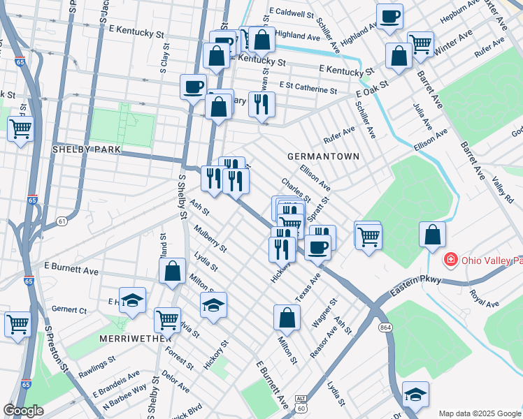 map of restaurants, bars, coffee shops, grocery stores, and more near 979 Goss Avenue in Louisville