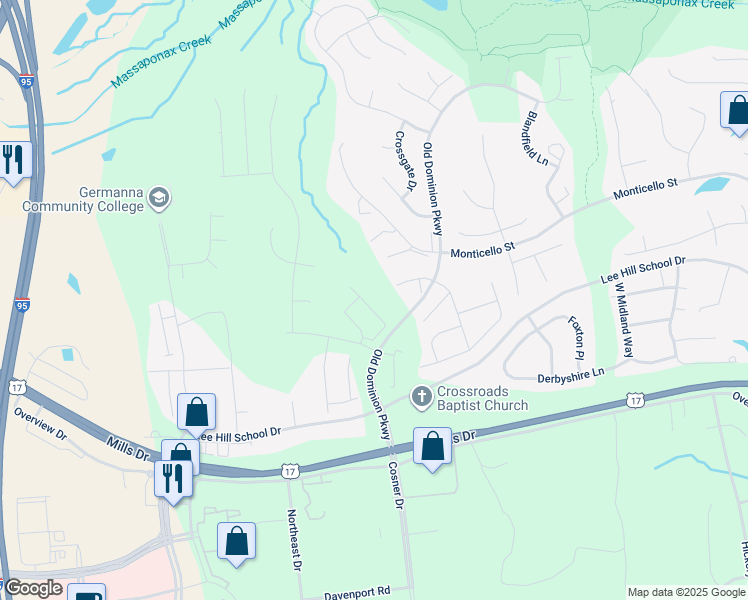 map of restaurants, bars, coffee shops, grocery stores, and more near 9828 Dominion Forest Circle in Fredericksburg