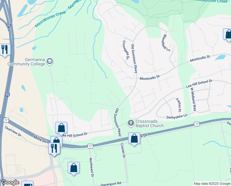 map of restaurants, bars, coffee shops, grocery stores, and more near 9828 Dominion Forest Circle in Fredericksburg