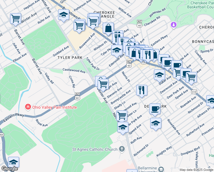 map of restaurants, bars, coffee shops, grocery stores, and more near 1635 Jaeger Avenue in Louisville