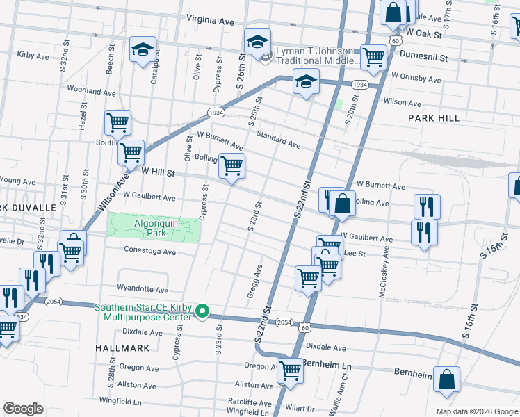 map of restaurants, bars, coffee shops, grocery stores, and more near 2301 West Gaulbert Avenue in Louisville