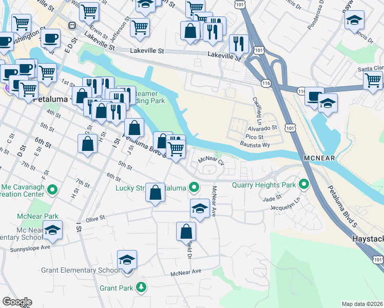 map of restaurants, bars, coffee shops, grocery stores, and more near 1005 Warren Drive in Petaluma