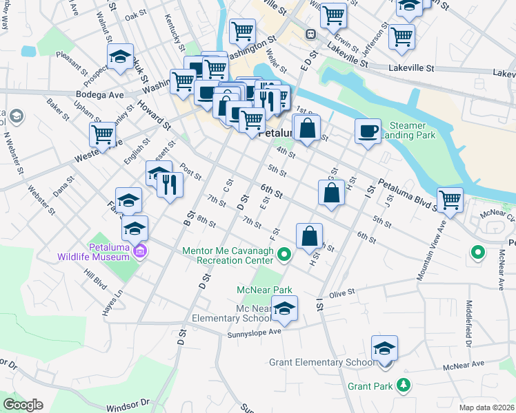 map of restaurants, bars, coffee shops, grocery stores, and more near 625 D Street in Petaluma