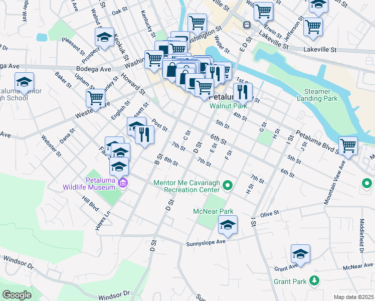 map of restaurants, bars, coffee shops, grocery stores, and more near 700 D Street in Petaluma