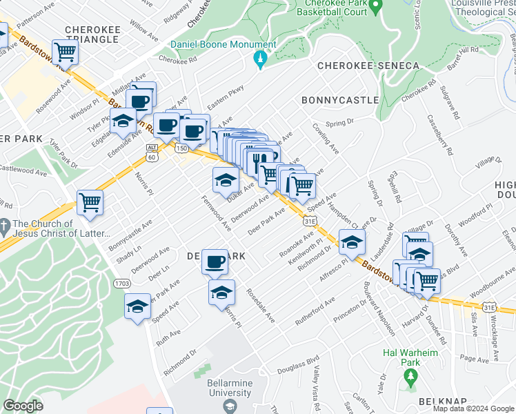 map of restaurants, bars, coffee shops, grocery stores, and more near 1935 Deerwood Avenue in Louisville