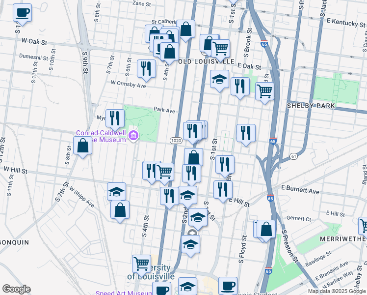 map of restaurants, bars, coffee shops, grocery stores, and more near 223 West Magnolia Avenue in Louisville