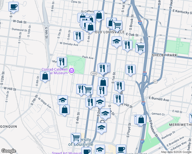 map of restaurants, bars, coffee shops, grocery stores, and more near 223 West Magnolia Avenue in Louisville