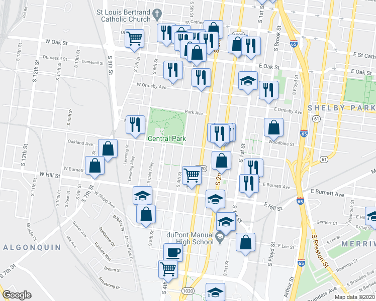 map of restaurants, bars, coffee shops, grocery stores, and more near 1401 South 4th Street in Louisville