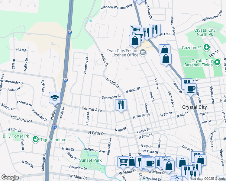 map of restaurants, bars, coffee shops, grocery stores, and more near 913 Summit Street in Festus