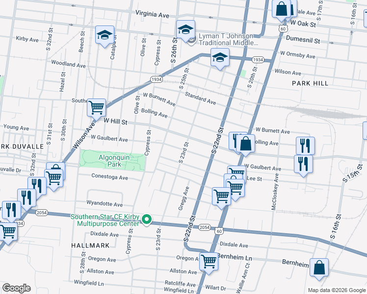 map of restaurants, bars, coffee shops, grocery stores, and more near 2301 West Gaulbert Avenue in Louisville
