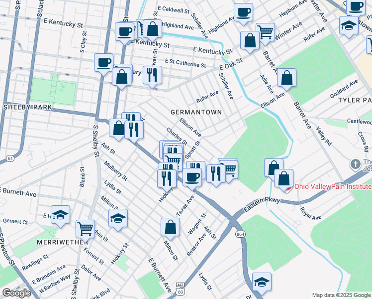 map of restaurants, bars, coffee shops, grocery stores, and more near 1040 Charles Street in Louisville