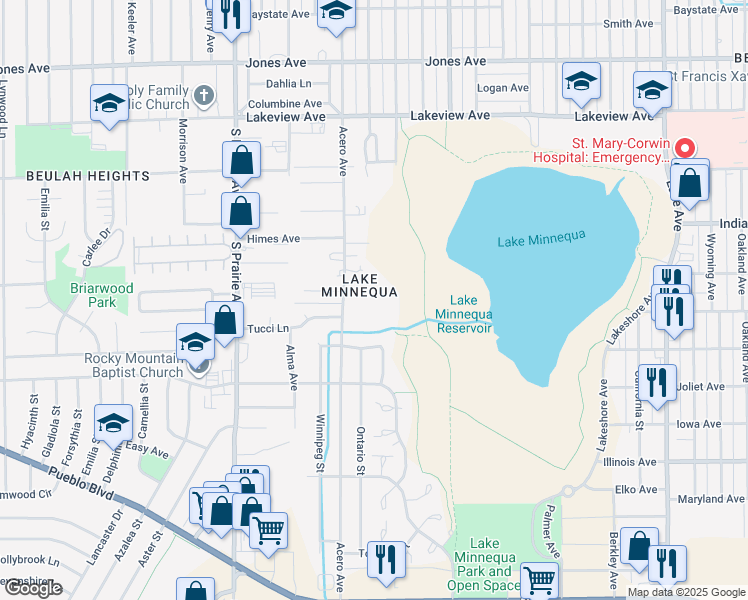 map of restaurants, bars, coffee shops, grocery stores, and more near 2330 Acero Avenue in Pueblo