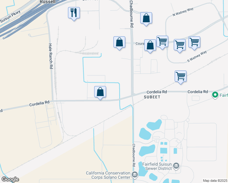 map of restaurants, bars, coffee shops, grocery stores, and more near 2850 Cordelia Rd in Fairfield