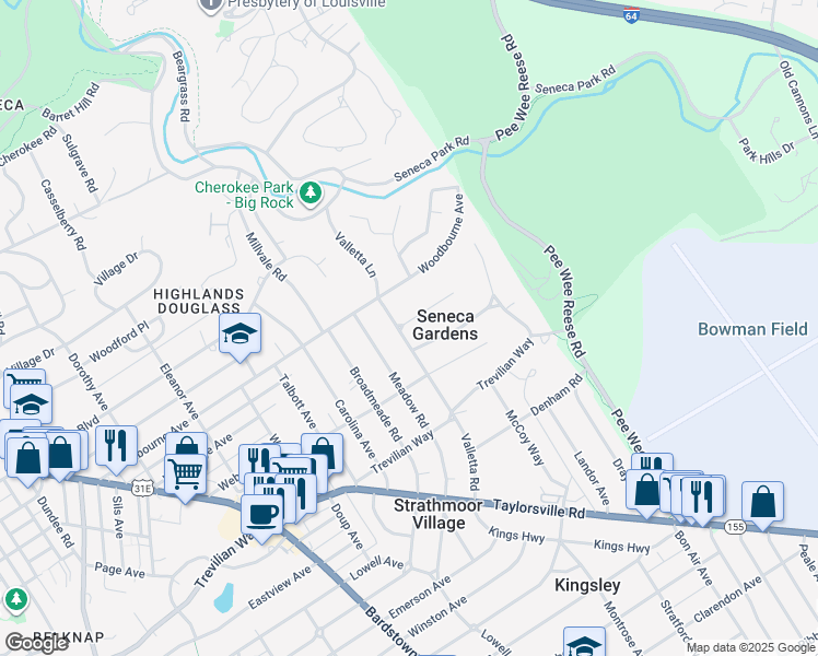 map of restaurants, bars, coffee shops, grocery stores, and more near 2534 Woodcreek Road in Louisville