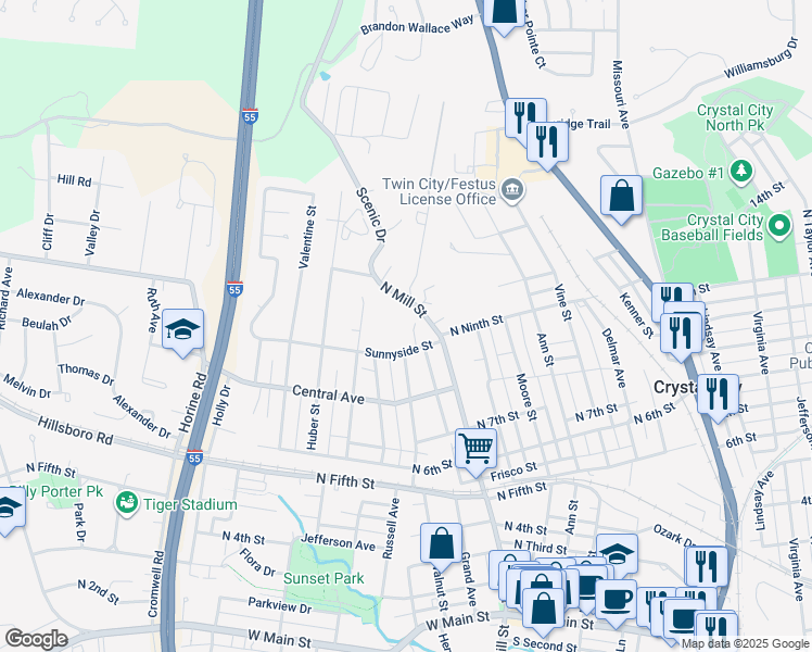 map of restaurants, bars, coffee shops, grocery stores, and more near 913 Summit Street in Festus