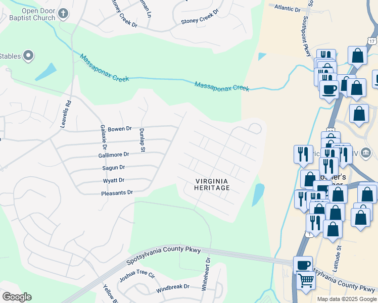 map of restaurants, bars, coffee shops, grocery stores, and more near 5721 West Kesslers Crossing in Fredericksburg