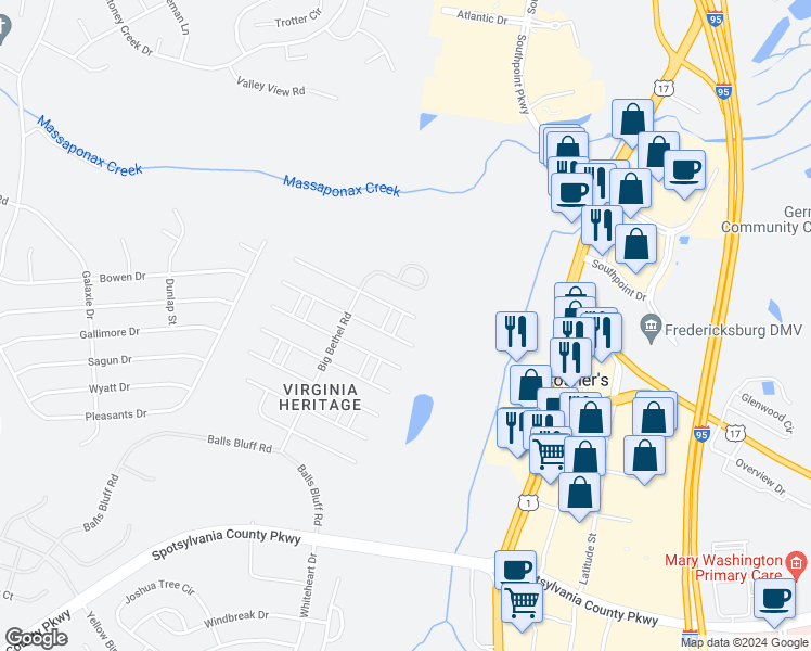 map of restaurants, bars, coffee shops, grocery stores, and more near 10205 Iverson Avenue in Fredericksburg