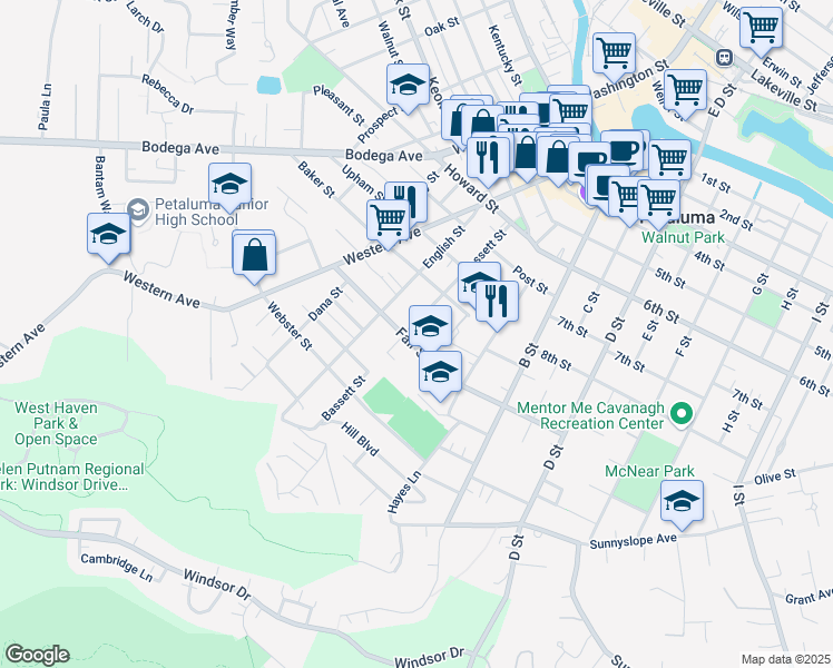 map of restaurants, bars, coffee shops, grocery stores, and more near 292 Douglas Street in Petaluma