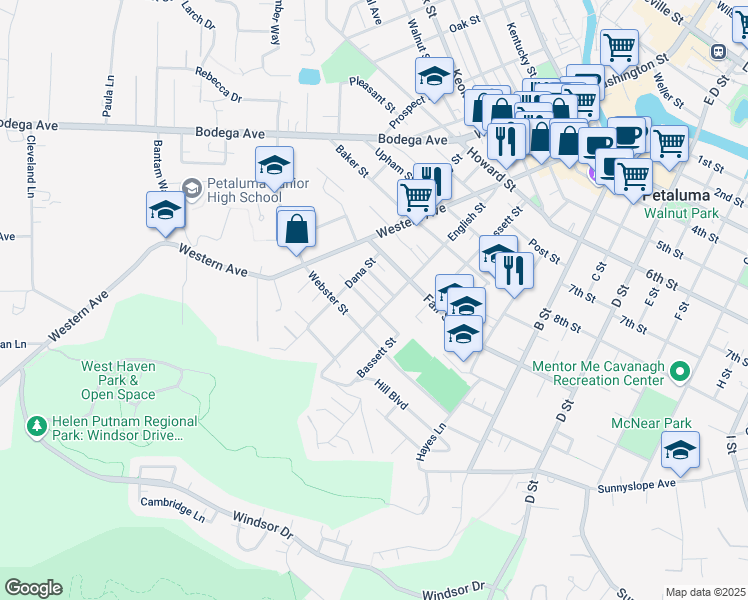 map of restaurants, bars, coffee shops, grocery stores, and more near 504 English Street in Petaluma