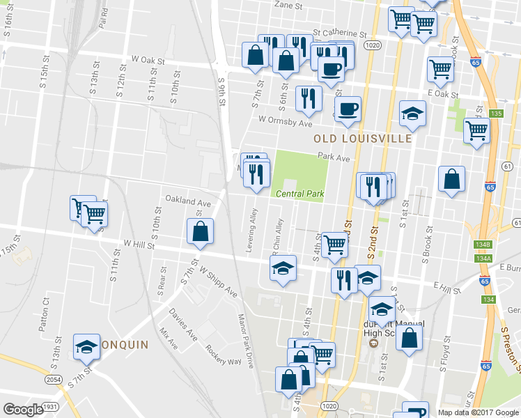 map of restaurants, bars, coffee shops, grocery stores, and more near 1408 South 6th Street in Louisville