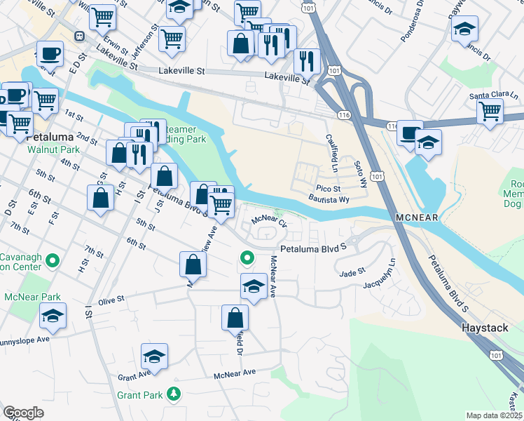 map of restaurants, bars, coffee shops, grocery stores, and more near 1065 Warren Drive in Petaluma