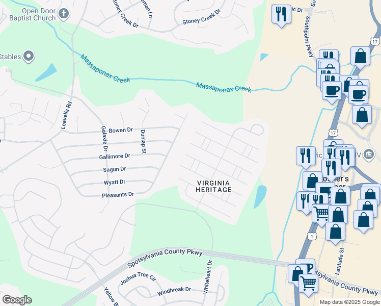 map of restaurants, bars, coffee shops, grocery stores, and more near 5721 West Kesslers Crossing in Fredericksburg