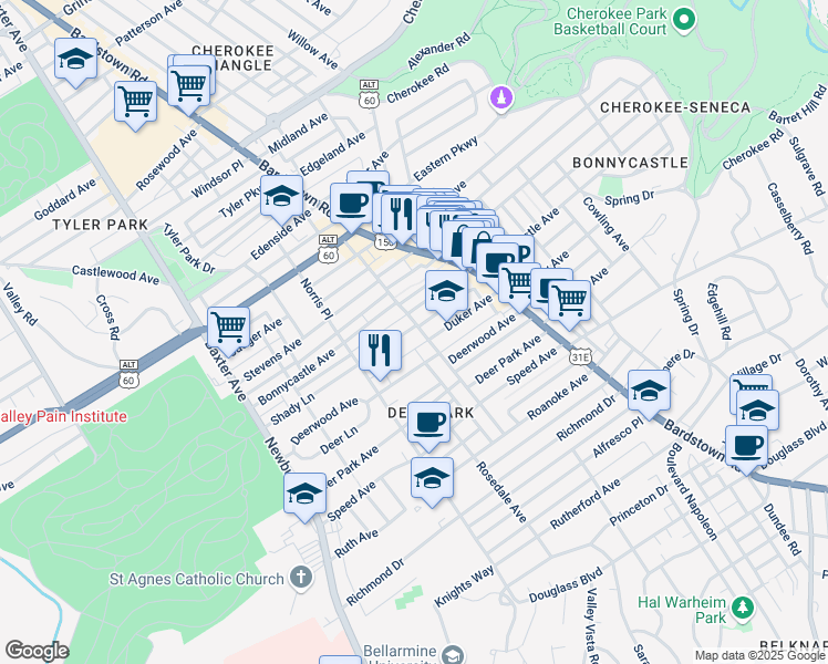 map of restaurants, bars, coffee shops, grocery stores, and more near 1622 Fernwood Avenue in Louisville