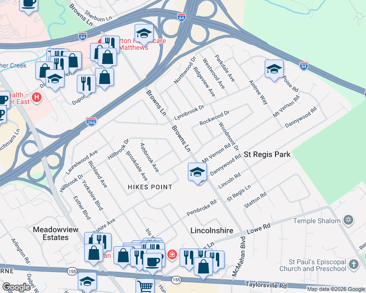 map of restaurants, bars, coffee shops, grocery stores, and more near 2509 Clearbrook Drive in Louisville