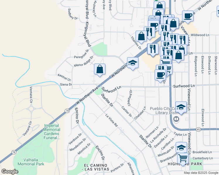 map of restaurants, bars, coffee shops, grocery stores, and more near 4723 Surfwood Lane in Pueblo