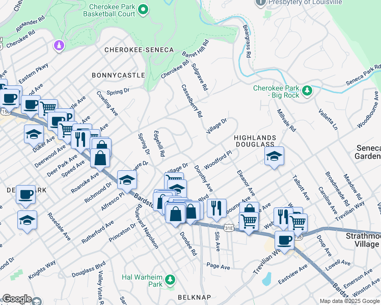 map of restaurants, bars, coffee shops, grocery stores, and more near 2208 Lauderdale Road in Louisville
