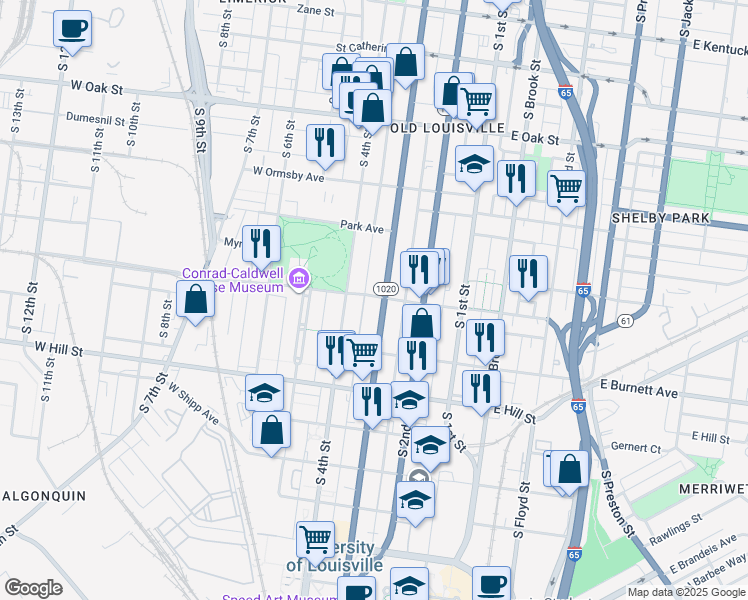 map of restaurants, bars, coffee shops, grocery stores, and more near 223 West Magnolia Avenue in Louisville