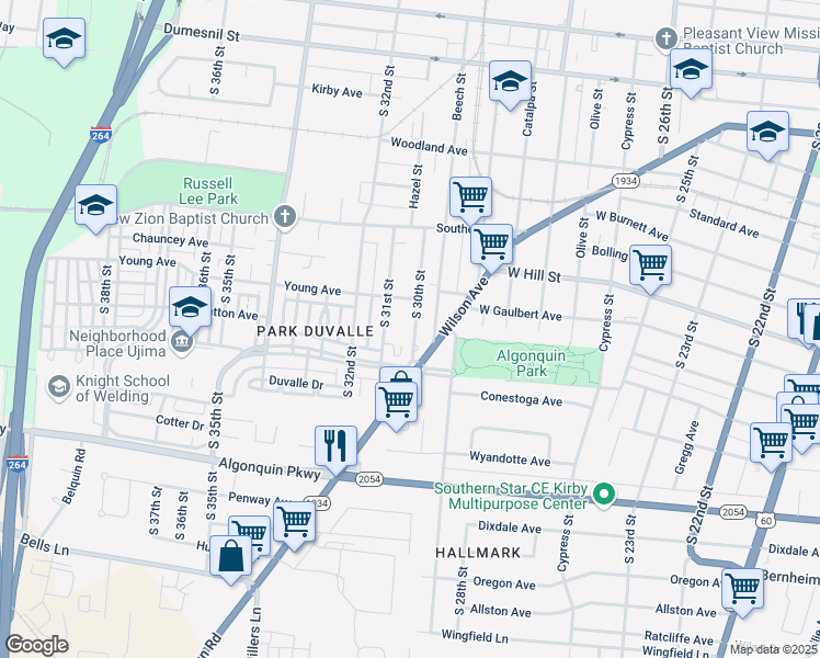 map of restaurants, bars, coffee shops, grocery stores, and more near 1629 South 30th Street in Louisville