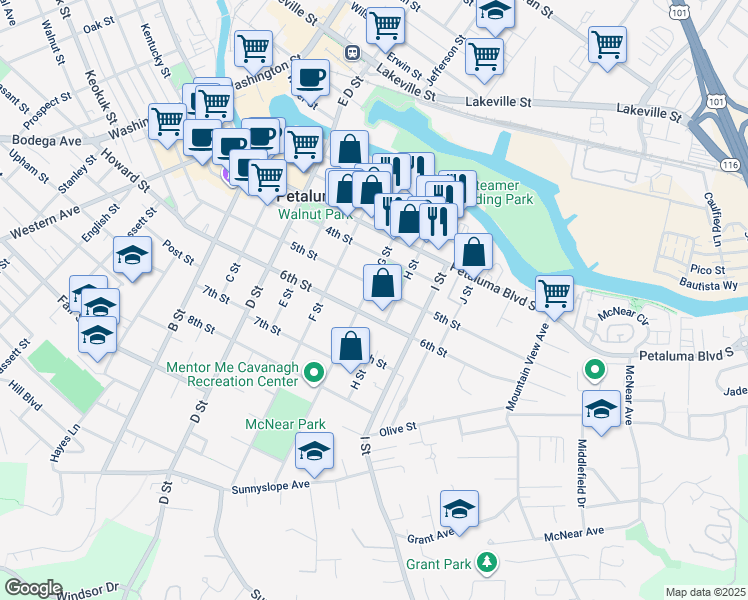 map of restaurants, bars, coffee shops, grocery stores, and more near 511 G Street in Petaluma