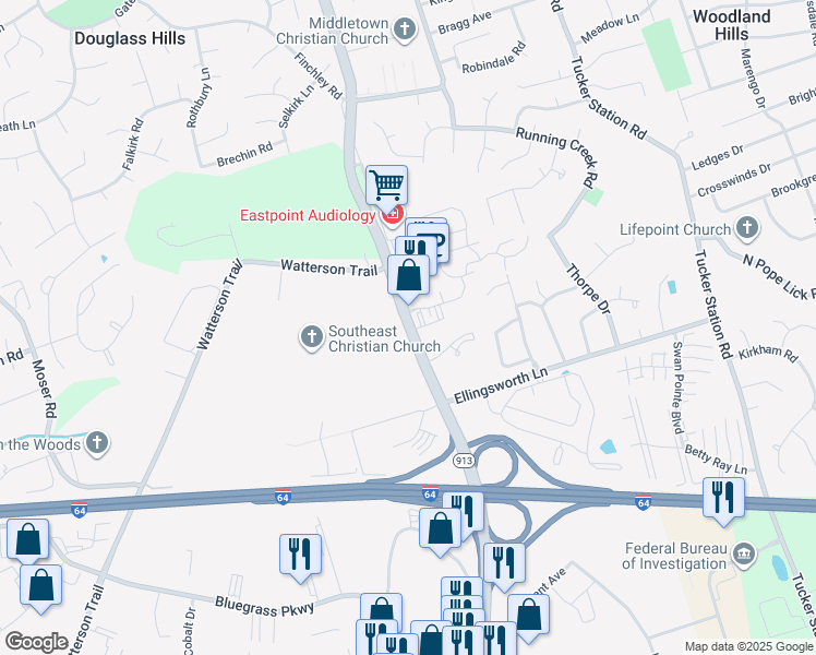 map of restaurants, bars, coffee shops, grocery stores, and more near 820 Blankenbaker Parkway in Middletown