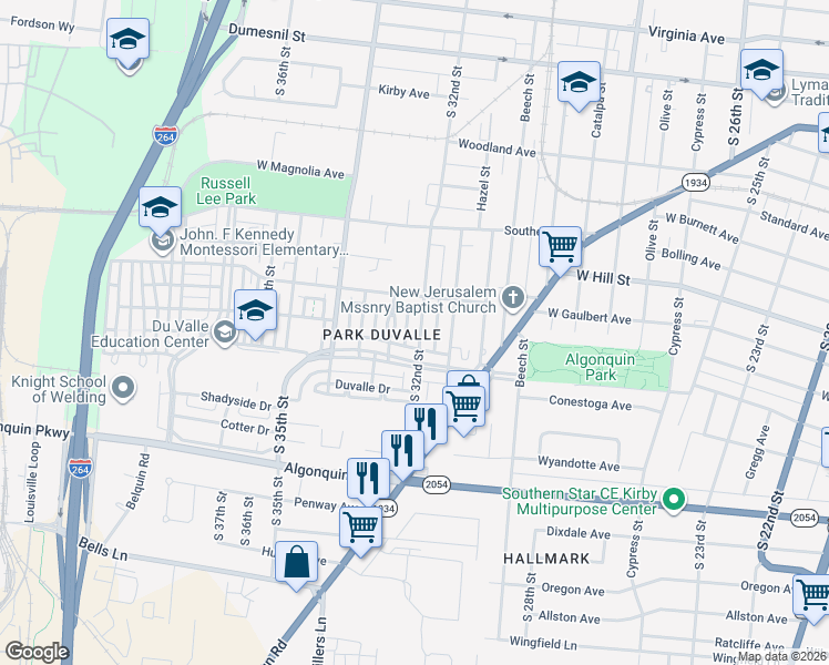 map of restaurants, bars, coffee shops, grocery stores, and more near 1618 South 32nd Street in Louisville