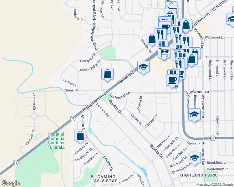 map of restaurants, bars, coffee shops, grocery stores, and more near 4723 Surfwood Lane in Pueblo