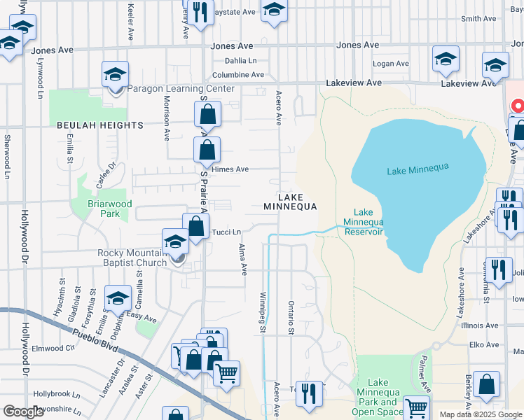 map of restaurants, bars, coffee shops, grocery stores, and more near 14 Gradishar Place in Pueblo