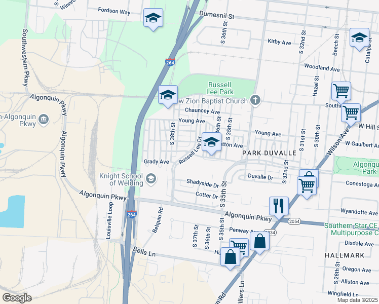 map of restaurants, bars, coffee shops, grocery stores, and more near Russell Lee Drive in Louisville