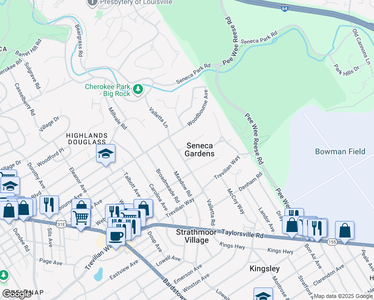map of restaurants, bars, coffee shops, grocery stores, and more near 2534 Woodcreek Road in Louisville
